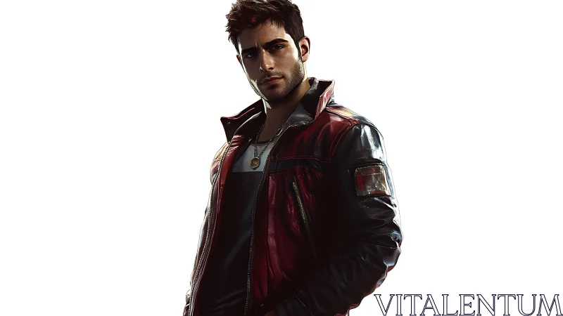 Moody digital portrait of brooding man in red leather jacket.