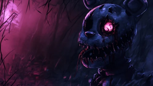 Demonic animatronic bear in neon magenta fog forest, closeup