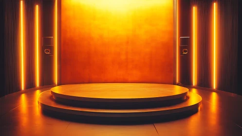 Futuristic circular stage glows with warm orange neon light.