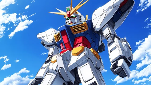 Towering anime mecha gazes upward into a vivid blue sky.