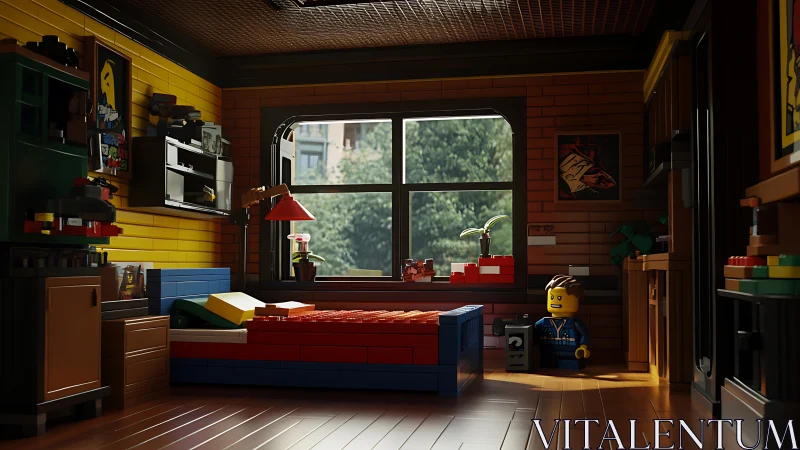 Lego minifigure enjoys cozy sunlit bedroom interior.
