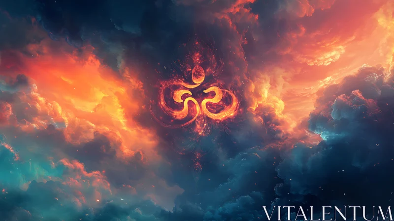 Fiery Om symbol forms within swirling blue and orange clouds