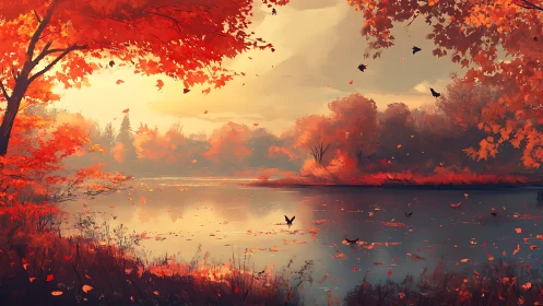 Backlit autumn lakeside rendered with warm atmospheric perspective