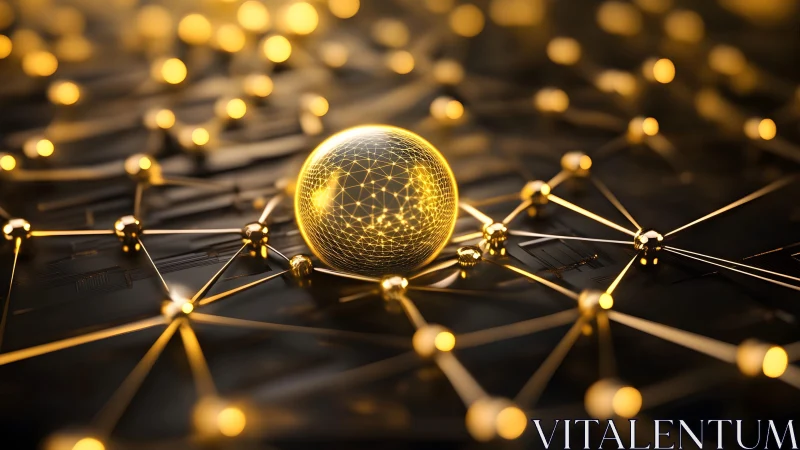 Golden network sphere glows at the center of data links