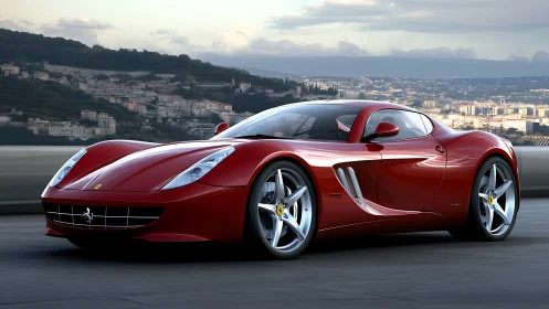 Red Ferrari sports car on highway with city backdrop.