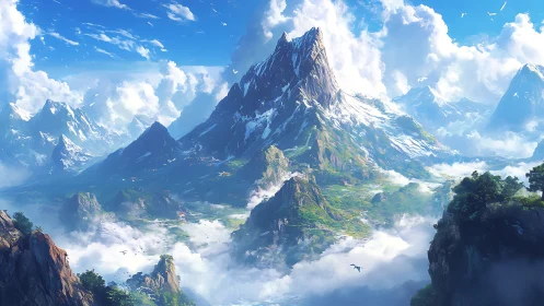 Cloud-kissed alpine kingdom beneath a towering crystal peak.