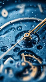Macro view of mechanical watch movement under water droplets
