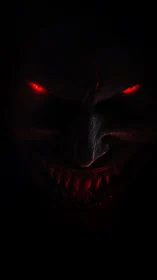 Demon grin burns from the dark with hungry, ember-red eyes.
