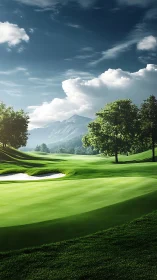 Sunlit championship golf green before distant mountain range.