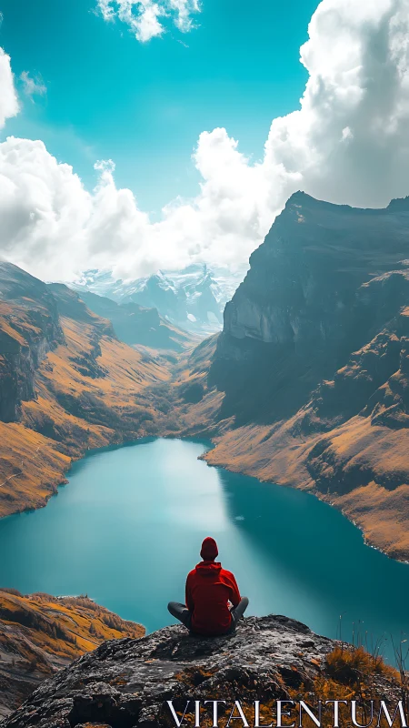 Solitary observer over glacial lake in high-altitude basin.