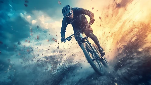 Mountain biker executing aerial maneuver with dust dispersal.