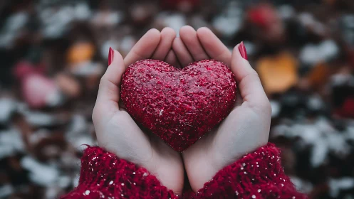 Hands Holding Glittered Heart Form Against Blurred Background.