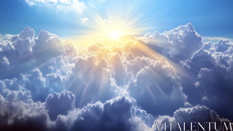 Photorealistic cumulus cloudscape with radiant sunrise light beams.