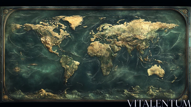 Antique-styled world map rendered as ornate digital relief