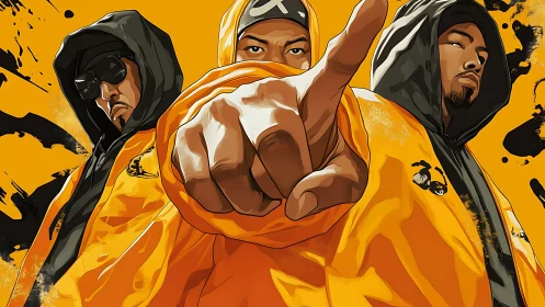 Bold hooded trio punch through the frame with vivid swagger