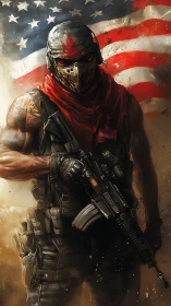Masked tactical soldier stands before a battle-worn flag.