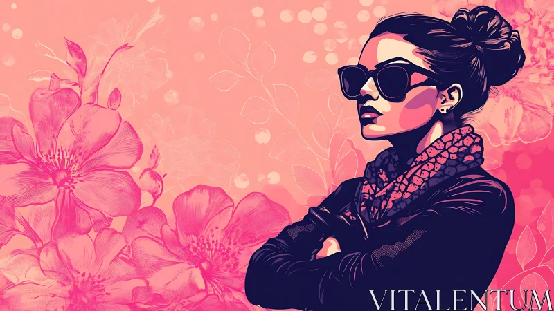 Stylish Woman in Sunglasses with Floral Art Background, Pop Art Style.