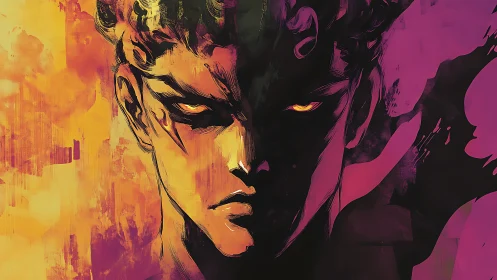 Dual-toned warrior portrait glows with intense fire and shadow.