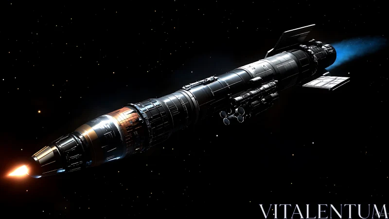 Long-range modular spacecraft with dual exhaust plumes under starfield