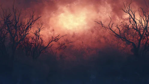 Bare trees frame burning mist sky in dark twilight forest
