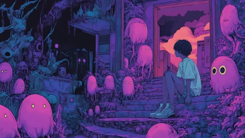 Teen on neon steps meet glowing spirit creatures at dusk