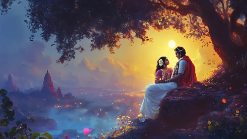 Divine Encounter at Sunset: Radiant Figures Overlooking Temple Valley.