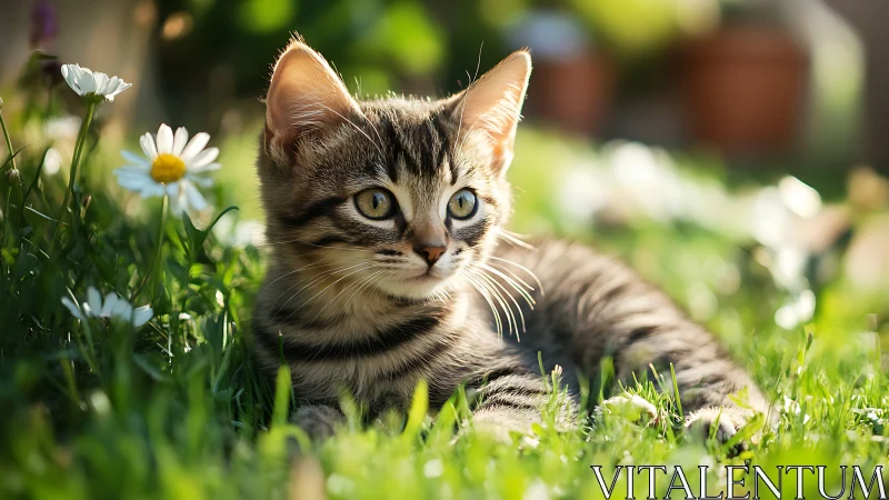 Tabby Kitten's Meadow Contemplation Among Daisies.