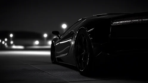 Monochrome supercar profile in low-key night lighting.