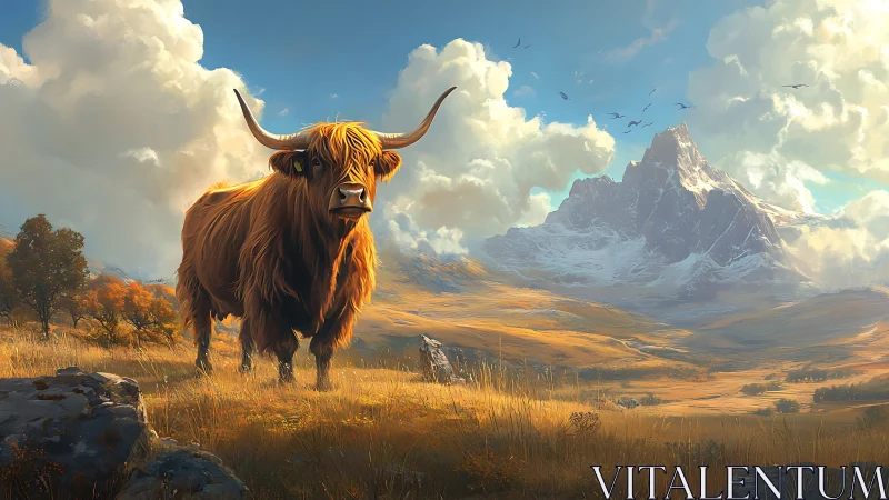 Highland longhorn standing in luminous alpine valley panorama.