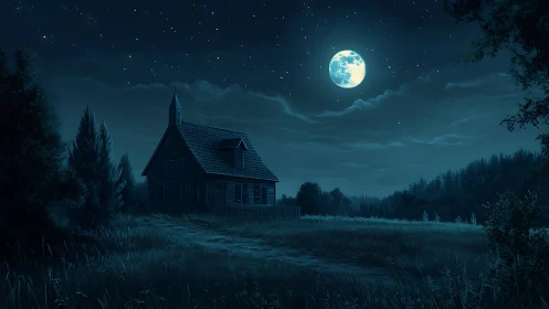 Moonlit wooden cottage under deep blue rural night sky.