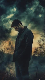 Solitary figure under turbulent atmospheric gradient sky.