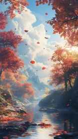 Autumnal river valley with volumetric light and drifting leaves.