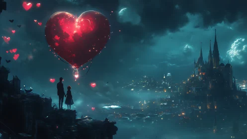 Couple Beneath Glowing Heart Above Fantasy Castle.