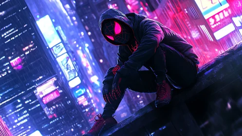 Hooded spider hero perched above neon city at night.