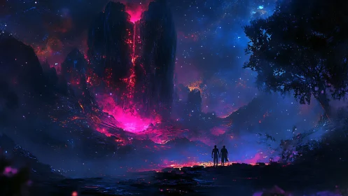 Distant humanoid figures before luminous alien canyon.