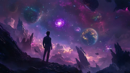 Silhouetted observer surveying multi-planet cosmic nebular field.
