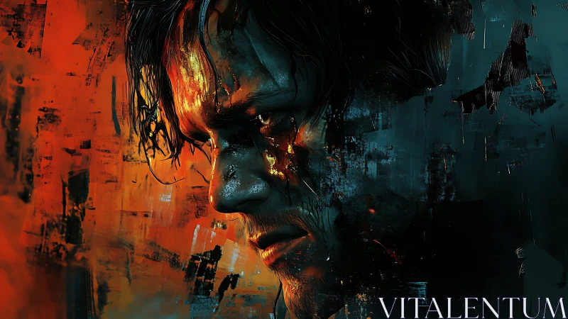 Brooding warrior portrait amid fractured fire and shadow.