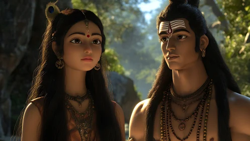 Divine couple stands in tranquil forest light, sharing silent resolve