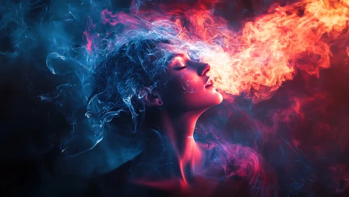 Woman exhales vivid fire through swirling neon smoke.