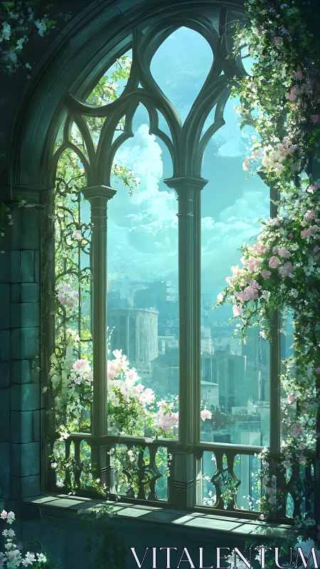 Gothic garden window opens onto dreamy distant cityscape.
