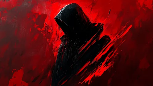 Digital painting of hooded silhouette in red kinetic brushwork.