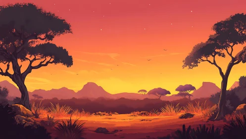 Stylized savanna sunset landscape with layered atmospheric depth