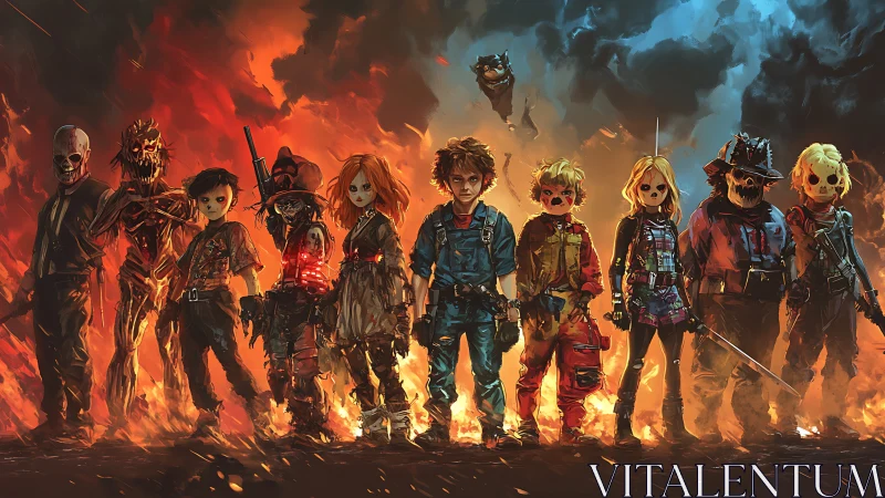 Lineup of armed stylized figures in fiery environment.