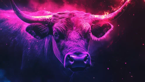 Neon-charged bull portrait in high-contrast cyberpunk lighting.