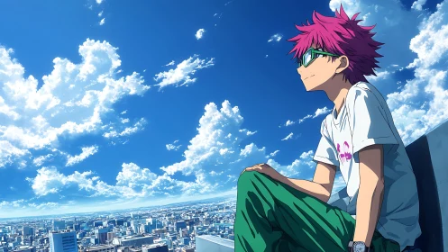 Anime character on rooftop edge above expansive cityscape.