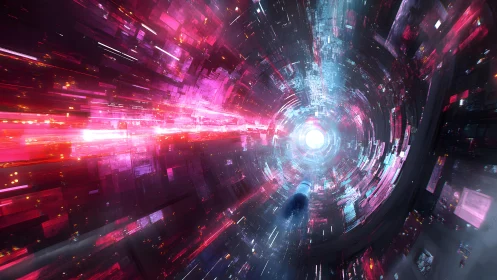 Futuristic tunnel with glowing lights and digital sci-fi style.