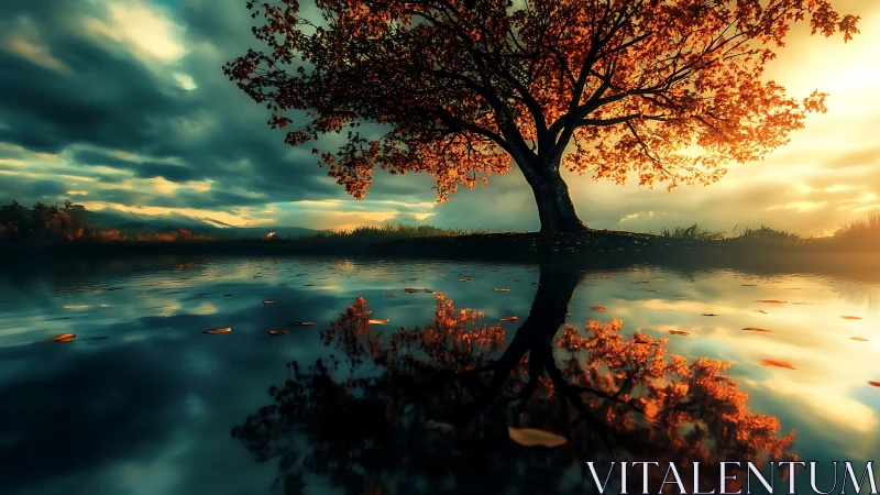 Autumn tree reflects in tranquil lake at golden sunset.