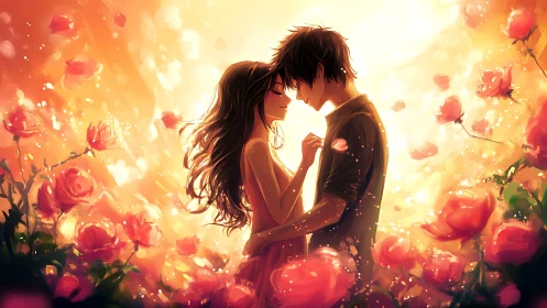 Couple Embracing in Glowing Rose Garden.