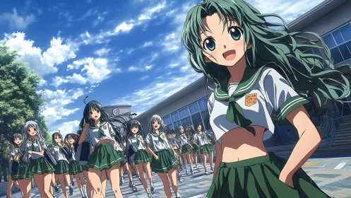 Anime schoolgirls in dynamic campus perspective composition.