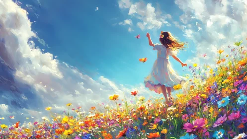 Girl dancing through wildflower meadow under bright sky.